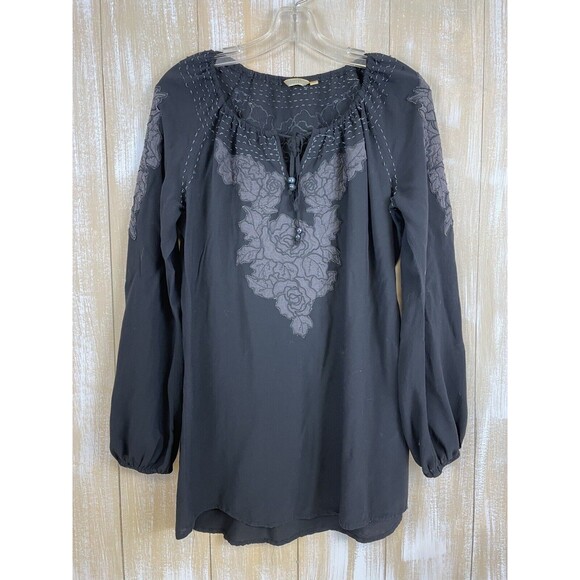 Monoreno Women's Black w/Gray Embroidered Tunic Boho Top Size Medium - Picture 1 of 8